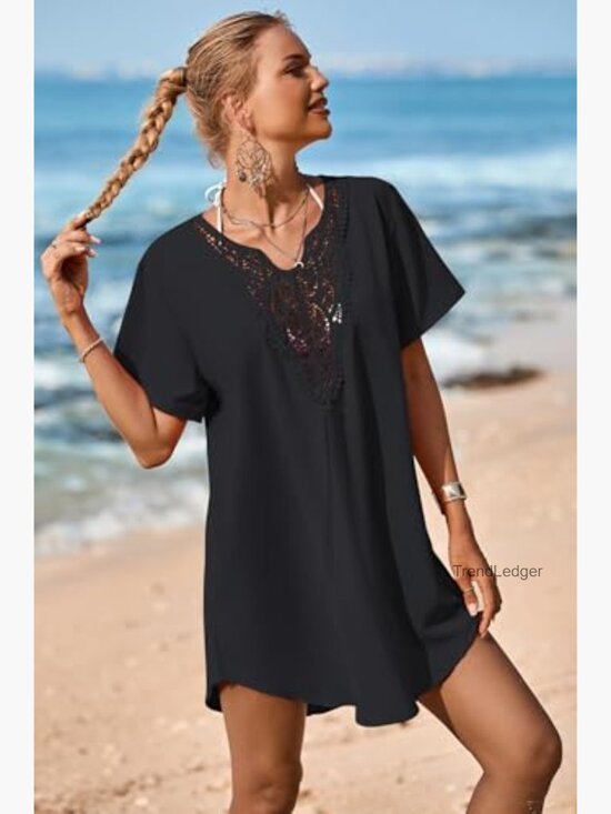 Lace Crochet V-Neck Cover Up Dress, Rayon, Loose Fit, Beach Swimsuit Cover - Picture 5 of 7